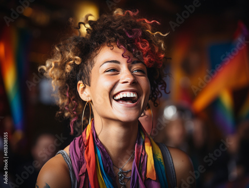 Cheerful young woman with lgbt flag smiling and taking selfie on street during pride festival on sunny summer day in city