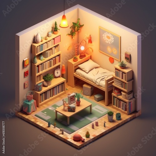 Isometric 3d bedroom interior in light and green tones. Ai generated 