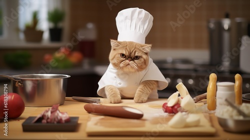 Culinary Delight: Exotic Shorthair Cat Chef Creating Purrfection in the Kitchen photo