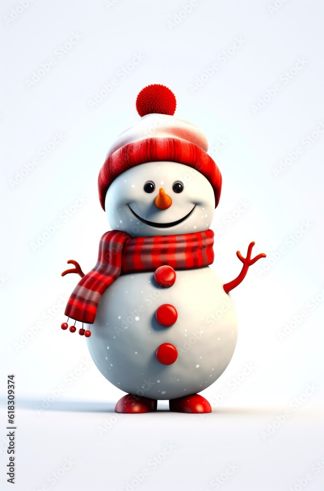 Cute happy snowman with red hat and scarf on white background. Generative AI.
