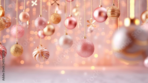 Christmas holiday banner with hanging pink festive decorations on blurred pink background. Generative AI.