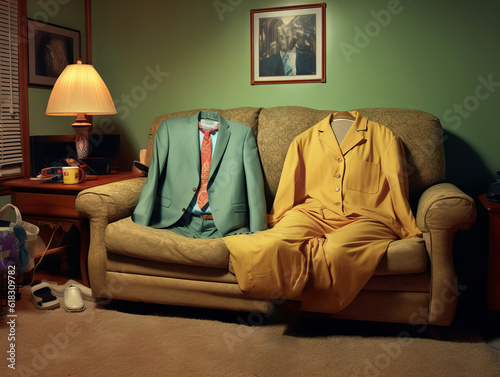 Man's suit and woman's pantsuit posed to resemble the shape of  people on a sofo in the living room at home illustrated with generative ai. photo