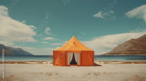 Tent on the beach to protect yourself from the sun, on the beach, sand and orange tent, in the background the horizon and clear sky © rodrigo