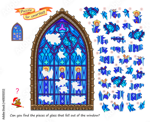 Logic game for children and adults. Can you find the pieces of glass that fell out of the window? Page for kids brain teaser book. Task for attentiveness. Developing spatial thinking. Play online.