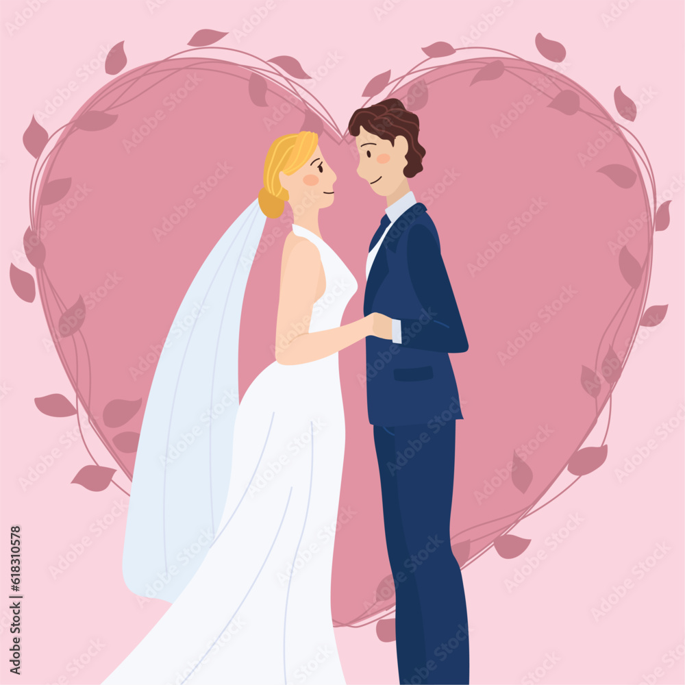 Isolated cute wedding couple characters on a heart shape Vector illustration Isolated cute wedding couple characters on a heart shape Vector illustration