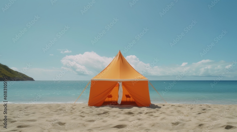 Tent on the beach to protect yourself from the sun, on the beach, sand and orange tent, in the background the horizon and clear sky