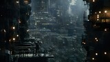 Futuristic moody dystopian cityscape at night with dark allies and large skyscrapers. AI generative