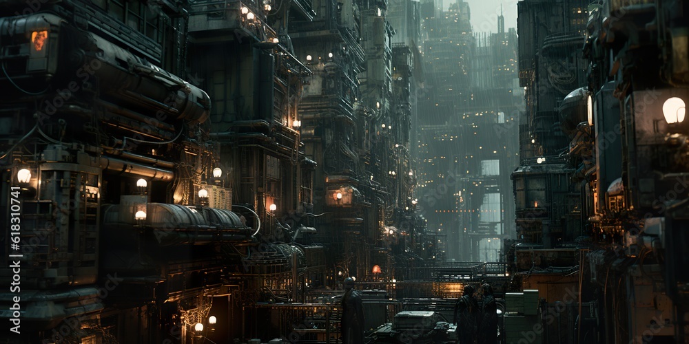 Futuristic moody dystopian cityscape at night with dark allies and ...