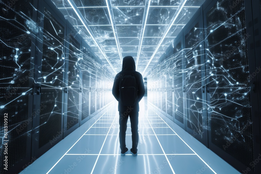 Obraz premium Hacker in a sever room, Unleashing the Futuristic Technoverse: Silhouette Hoodie Man Ventures into an Action-Packed Data Center, Engaging with Boundless Innovation amidst Opacity and Radiant Clusters