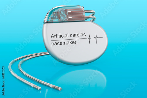 Artificial cardiac pacemaker  on blue background, 3D rendering photo