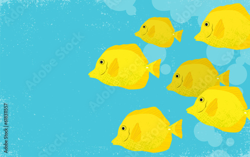 A school of yellow tang fish, in a cut paper style with textures

