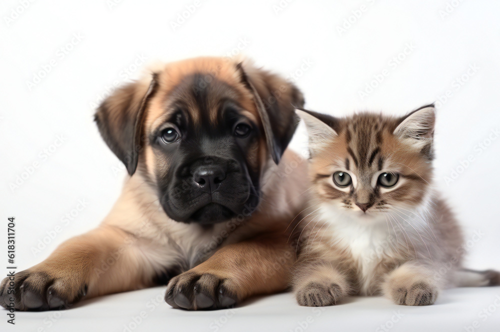 Puppy dog and cute kitten live together,ai generated
