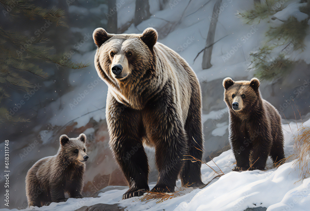 Obraz premium Brown bear mother with cubs,ai generated