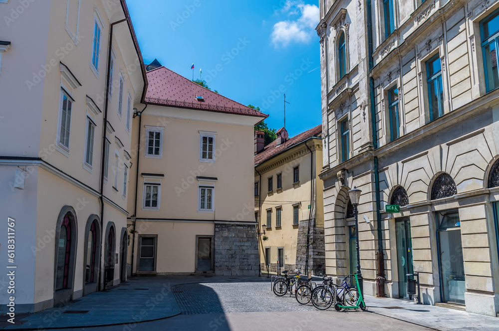 A view towards a quiet back street in Ljubljana, Slovenia in summertime
