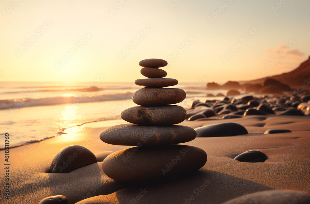 Stones pyramid on the seashore at sunset,ai generated