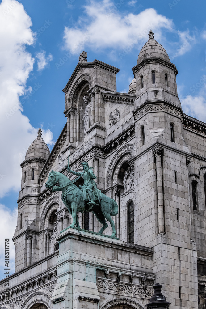 Detail of Paris Basilica Sacre Coeur at top of Montmartre - Roman Catholic Church and minor basilica, dedicated to Sacred Heart of Jesus. Paris, France.