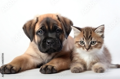 Puppy dog and cute kitten live together ai generated