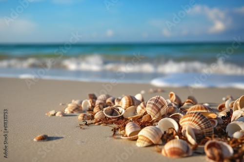 conch sea shell laying at the beach,ai generated