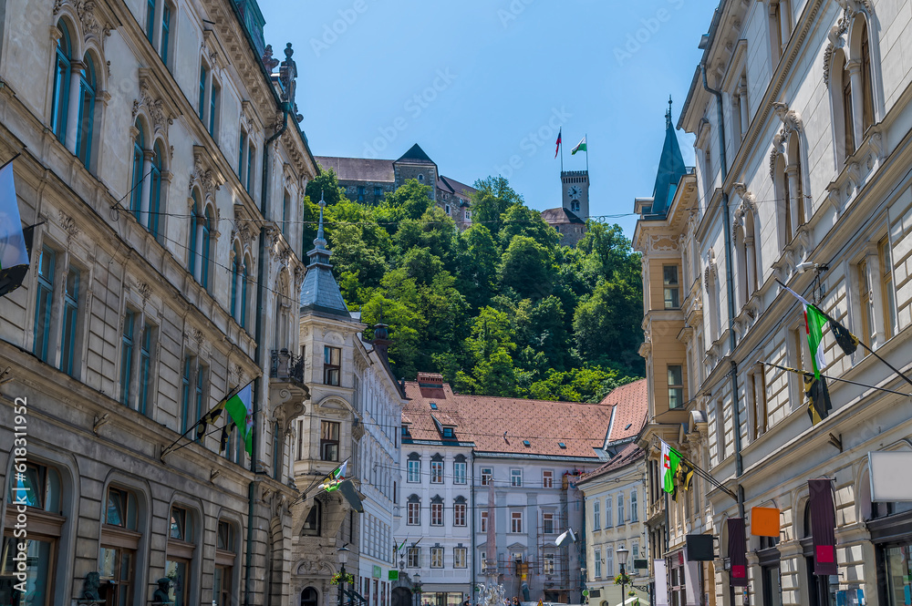 A view up a street leading to the castle in Ljubljana, Slovenia in summertime