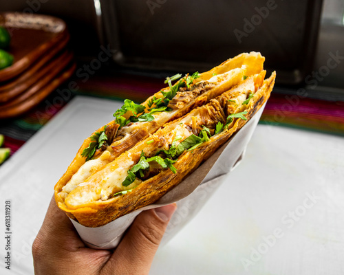 Quesabirria, quesadilla con carne, comida mexicana, deliciosa gastronomia tradicional.