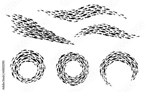 Fish shoal silhouettes, ocean or sea marine fishes school, vector background. Tuna, salmon or herring fish shoals swimming in water by groups in circle or wave, many small fishes school in silhouettes