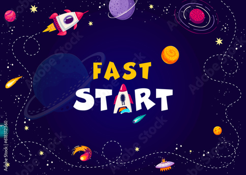 Kids space background, fast start. Cartoon galaxy planets and rocket with trace. Vector banner for business startup project boost, astronomy education, interstellar travel with spaceship takeoff