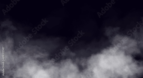 White vector smoke or fog on dark copy space background. Realistic decorative fog effect and transparent magic mist. White vapor. Rising smog mockup. Dust or powder cloud, vector spooky steam template