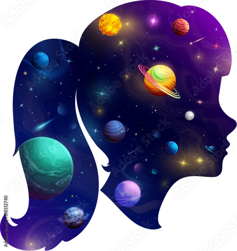 Fototapeta Naklejka Na Ścianę i Meble -  Girl head silhouette with cartoon galaxy space. Double exposition. Enchanting vector female face profile with mesmerizing beauty of cosmos with stars, planets, nebulae and comets within of her head