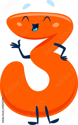 Cartoon cute funny number three character with expressive eyes and charming smile. Isolated vector orange colored digit 3 personage perfect for children books and mathematics educational materials