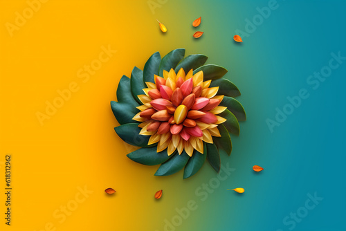 Happy Onam. Holiday for South India festival. for greeting card, banner, poster, title, emblem, label, tag. ancient Hindu festival of Kerala. Malayalis Harvest Sadya, Thiruvathira Kali. Generative AI photo