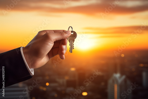 Real estate agent holding keys on a sunset, blurred city background. High quality photo
