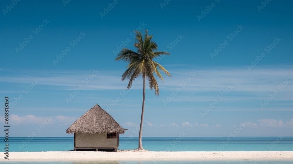 small palapa with dry palm leaf roof on a shallow beach to enjoy the scenery clear blue sky