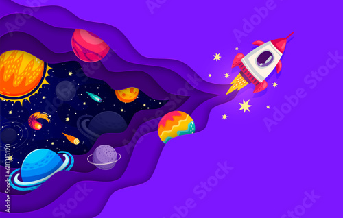 Space paper cut poster with flying rocket spaceship and galaxy planets. Mesmerizing 3d vector scene of intergalactic travel, exploration and wonder. Shuttle soaring amidst of dazzling cosmic stars