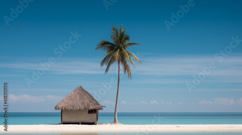 small palapa with dry palm leaf roof on a shallow beach to enjoy the scenery clear blue sky