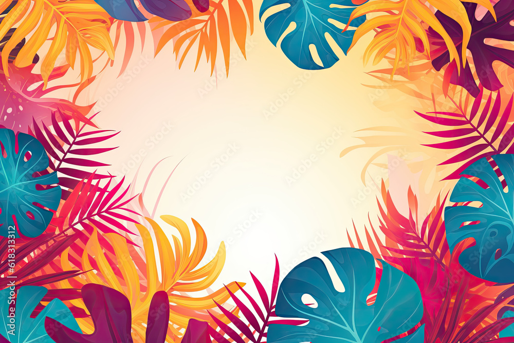 Abstract illustration with jungle exotic leaves, colorful design, summer background and banner, hello Summer concept design, exotic leaves background Abstract illustration with jungle exotic leaves, colorful design, summer background and banner, hello Summer concept design, exotic leaves background