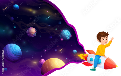 Cartoon kid boy on space rocket, happy child astronaut on galaxy landscape. Adventurous vector infant soaring through galaxy on rocketship, exploring wonders of Universe with excitement and curiosity