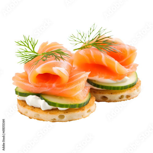 Canapes with smoked salmon and cream cheese isolated on transparent background, generative ai photo