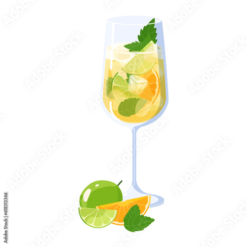 Hugo spritz cocktail with lime, orange slice and mint leaves vector isolated on white background. Summer Alcohol drink Italian aperitif with ice cubes, liqueur, prosecco and sparkling soda water