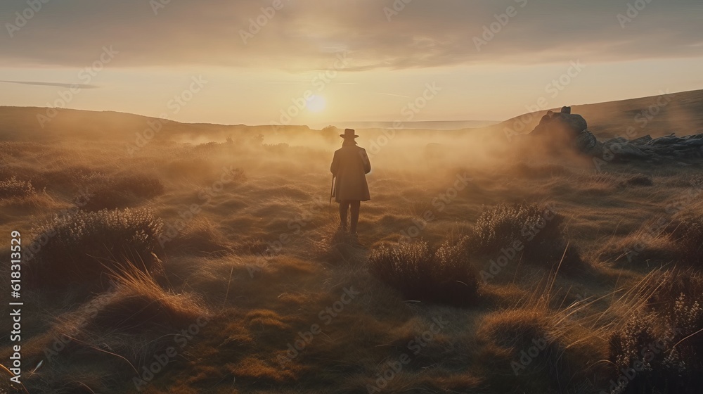man in the morning walking in the savannah, in the grasslands, with fog surrounding the landscape, sun in the background