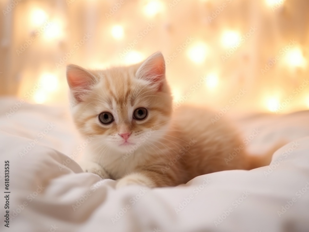 Munchkin cat lying on white bed and looks at you. Happy fluffy kitten. Charming feline look. Light colors. Comfortable pet in cozy home. Top view