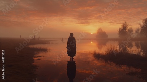 disconsolate lonely woman looking at the horizon on a romantic afternoon with reddish skies and reflection in a small lake due to the rains