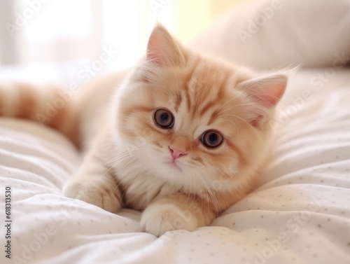 Munchkin cat lying on white bed and looks at you. Happy fluffy kitten. Charming feline look. Light colors. Comfortable pet in cozy home. Top view