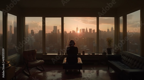 Woman in her apartment observing the city, passage of the skyscrapers, in a sunset, with modern furniture in the apartment