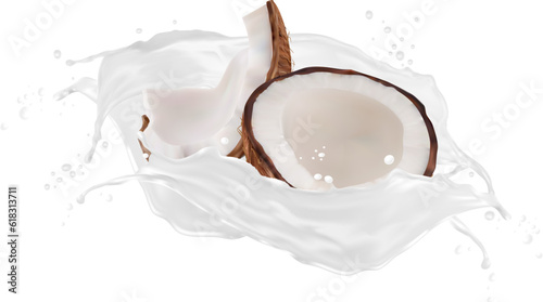 Photo Realistic white coconut milk drink with swirl splash