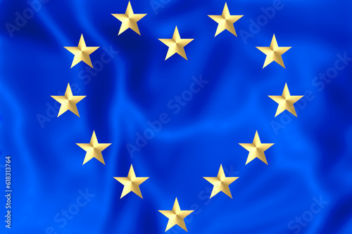 heart of Europe, waving flag, blue with yellow stars if heart shape. 3d background. The concept of love for Europe union and community unity.