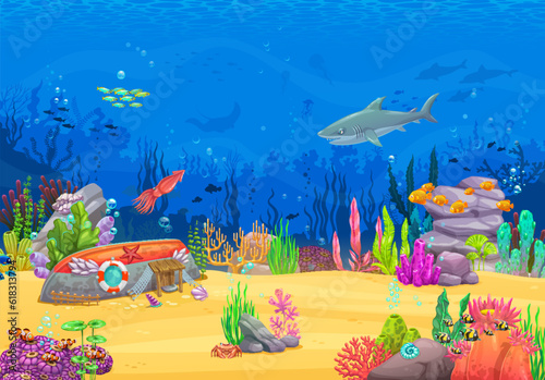 Underwater cartoon landscape with shark, sunken boat, squid, fish shoal and seaweeds captivating and adventurous sea scene full of bright marine life. Vector game level background with whimsical world