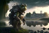 character The CyberMonster SAGULINA FROG its standing by the river on the big leave dramatic lighting cinematic wide shot 