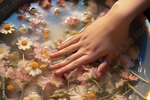 Blooming chamomile flowers and petals float in the water. Skin care, moisturizing hand bath. Spa treatment, relaxation and aromatherapy. Pastel colors, soft light