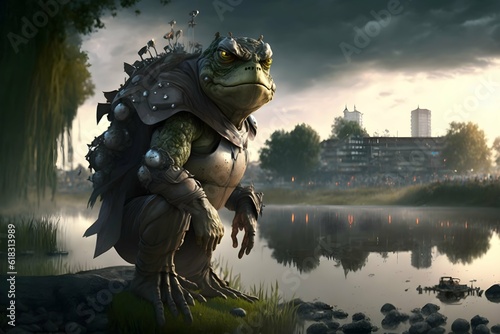 character The CyberMonster SAGULINA FROG its standing by the river on the big leave dramatic lighting cinematic wide shot 