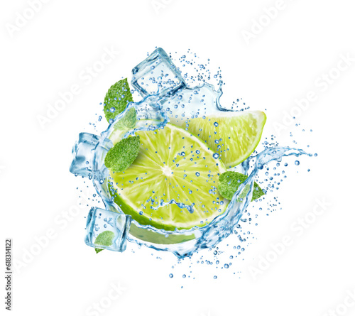 Mojito drink with mint leaves, lime, ice cubes and splash. 3d vector water splatters with citrus fruit slice, drops and frozen blocks. Realistic liquid flow of lemonade, tea, cocktail, juicy beverage